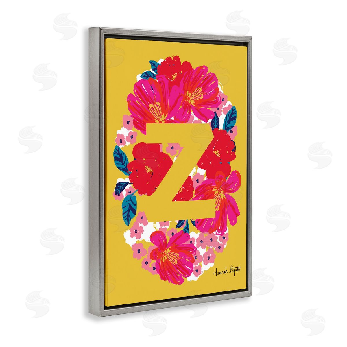 Floral Bloom Letter Z Grey Floating Frame Canvas Wall Art, Home Decor by Hannah Louise Byatt