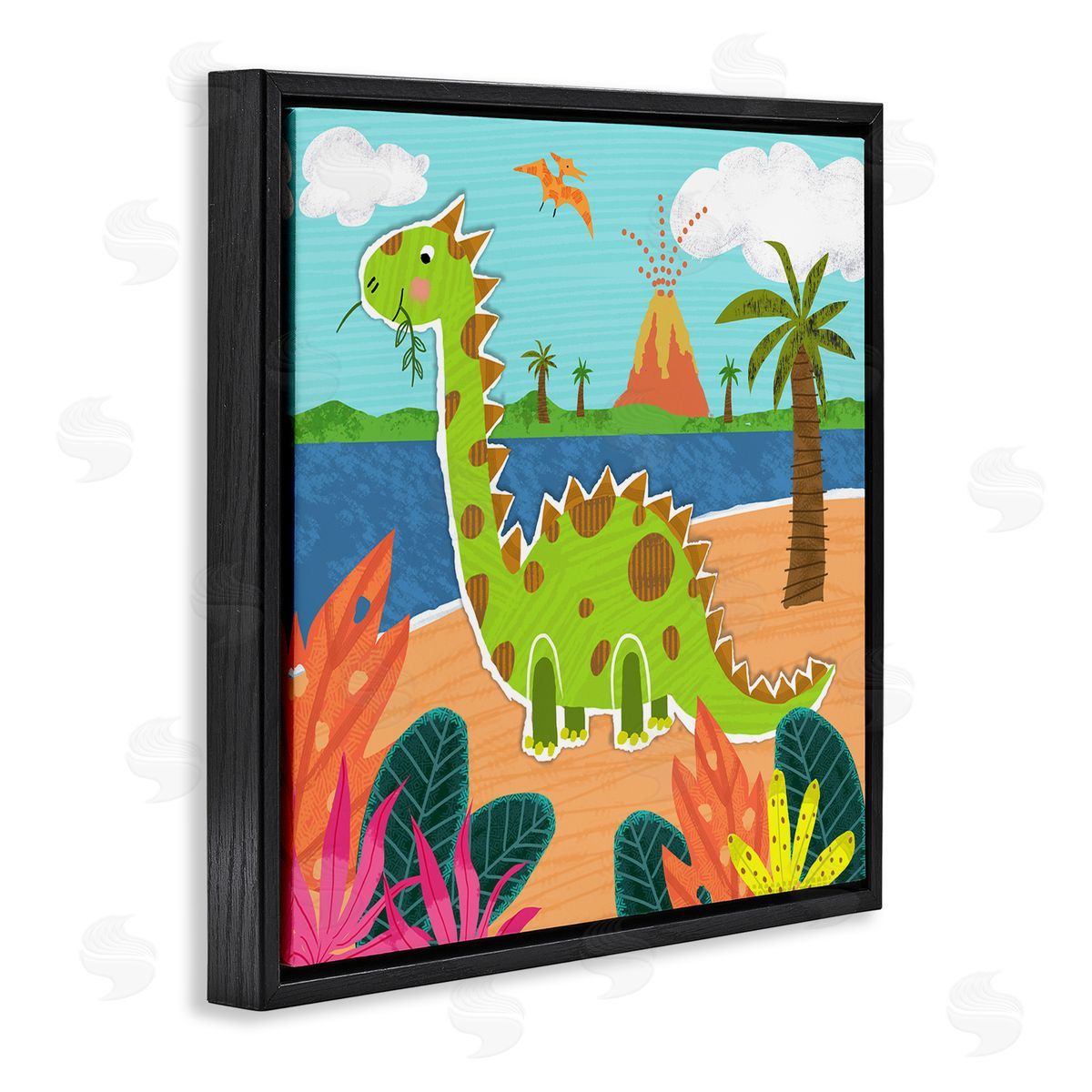 Tina Finn Dinosaur on Beach Black Floating Frame Canvas Wall Art Print
