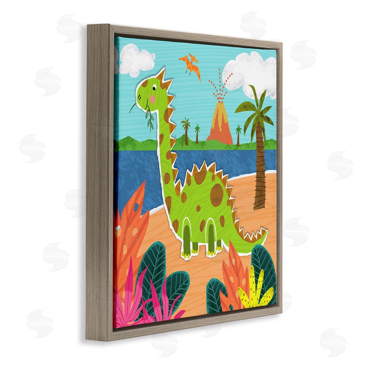 Tina Finn Dinosaur on Beach Brown Floating Frame Canvas Wall Art Print