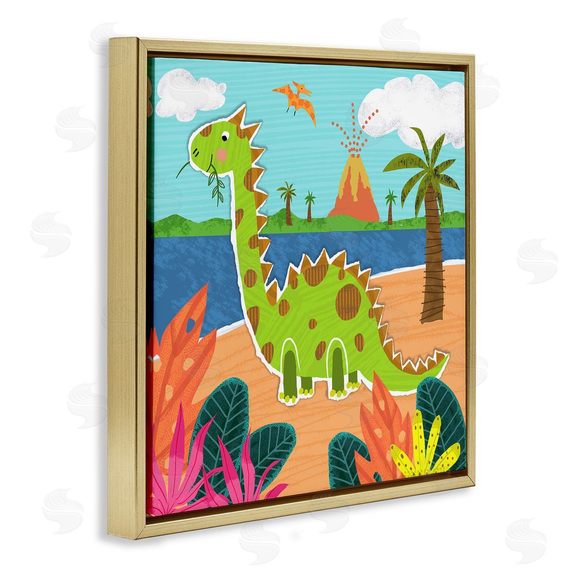 Tina Finn Dinosaur on Beach Gold Floating Frame Canvas Wall Art Print
