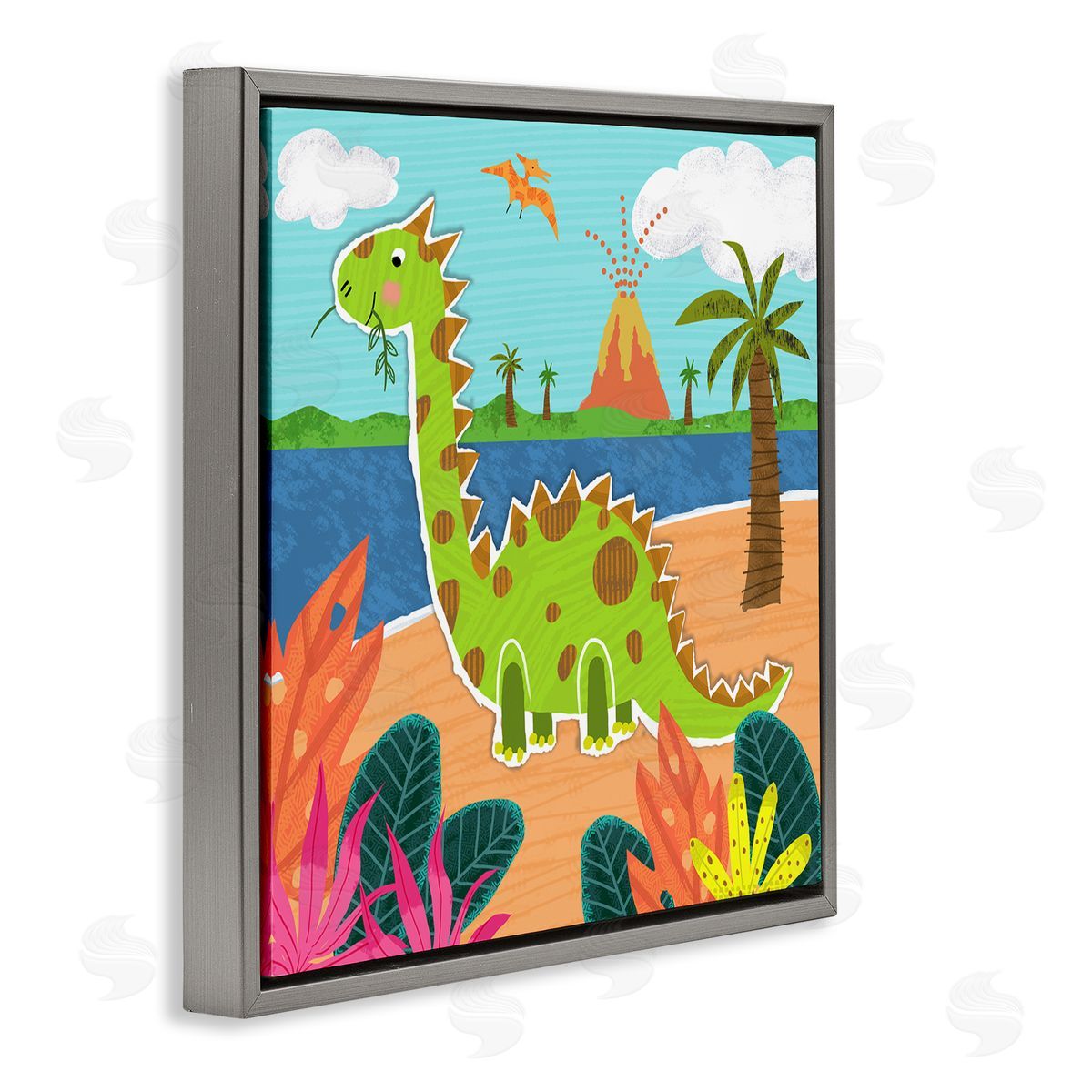 Tina Finn Dinosaur on Beach Gray Floating Frame Canvas Wall Art Print