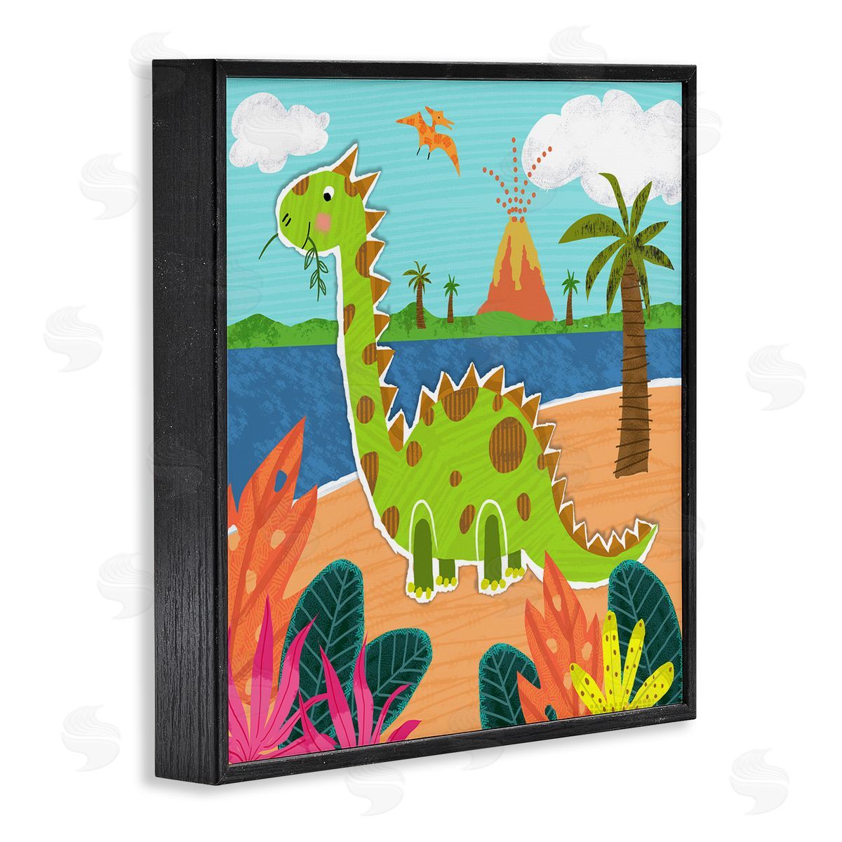 Tina Finn Dinosaur on Beach Black Framed Giclee Wall Art Print