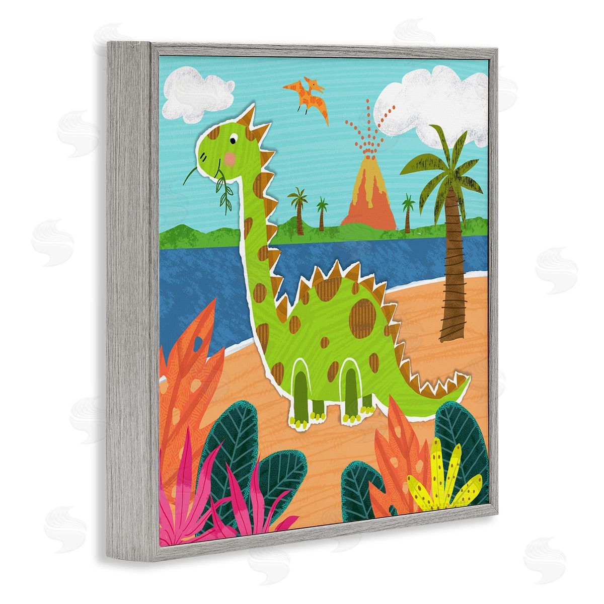 Tina Finn Dinosaur on Beach Gray Framed Giclee Wall Art Print