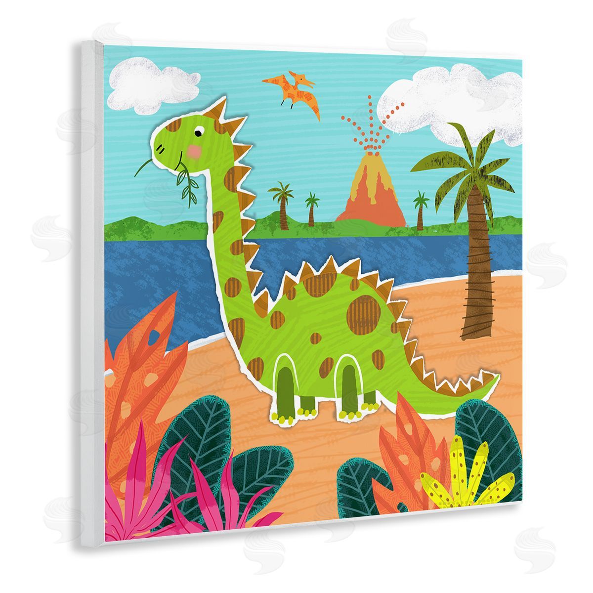 Tina Finn Dinosaur on Beach Wooden Wall Plaque Art Print