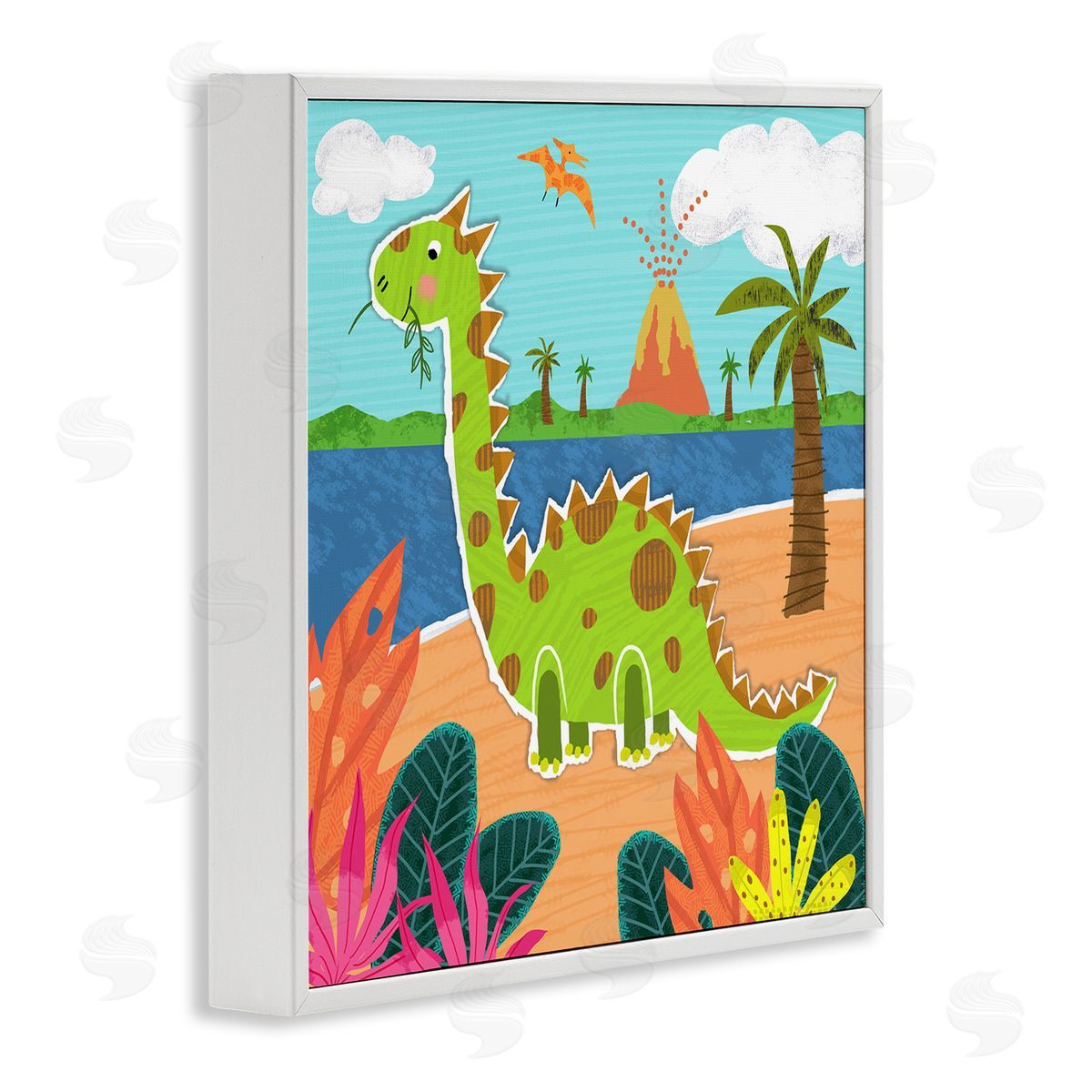 Tina Finn Dinosaur on Beach White Framed Giclee Wall Art Print