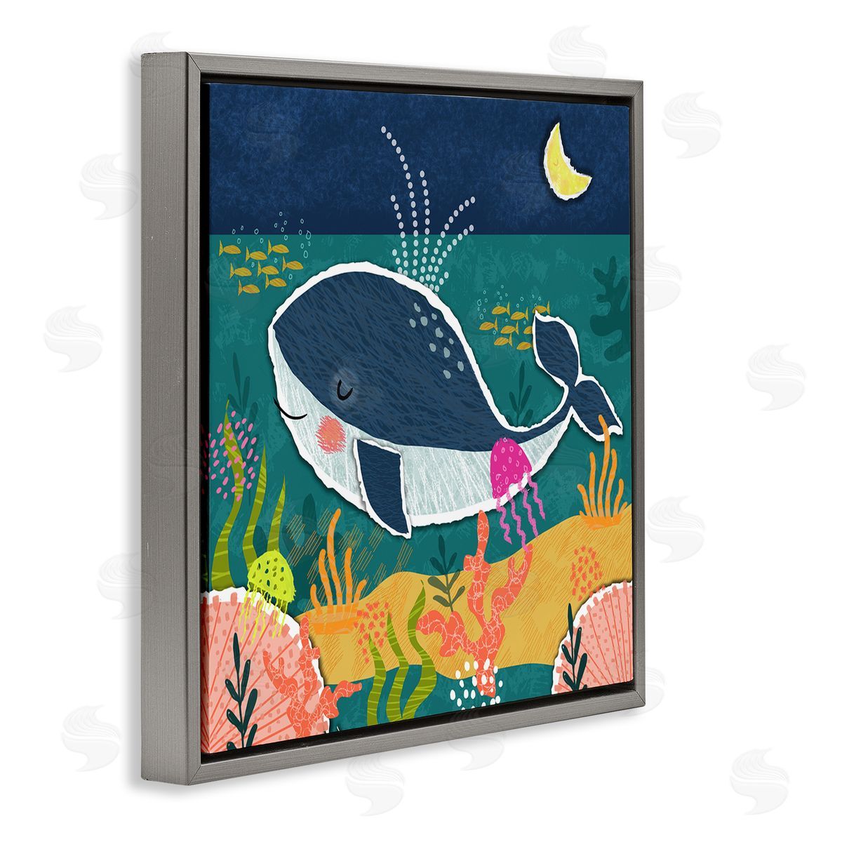 Tina Finn Whale At Nighttime Gray Floating Frame Canvas Wall Art Print