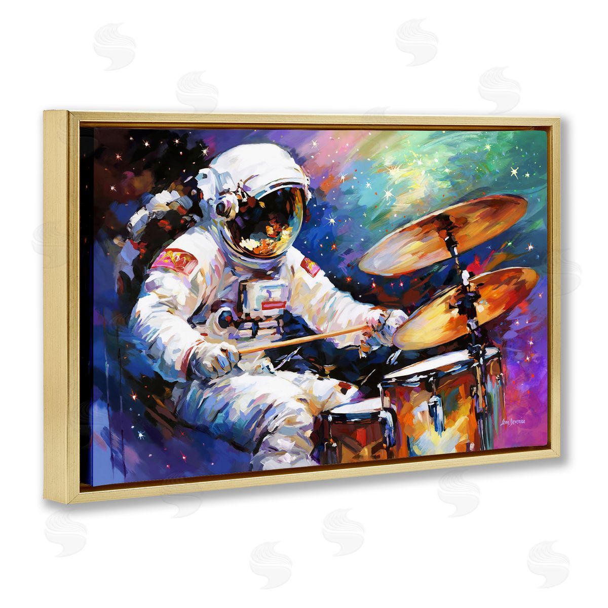 Leon Devenice Cosmic Drummer Musician Gold Floating Frame Canvas Wall Art Print