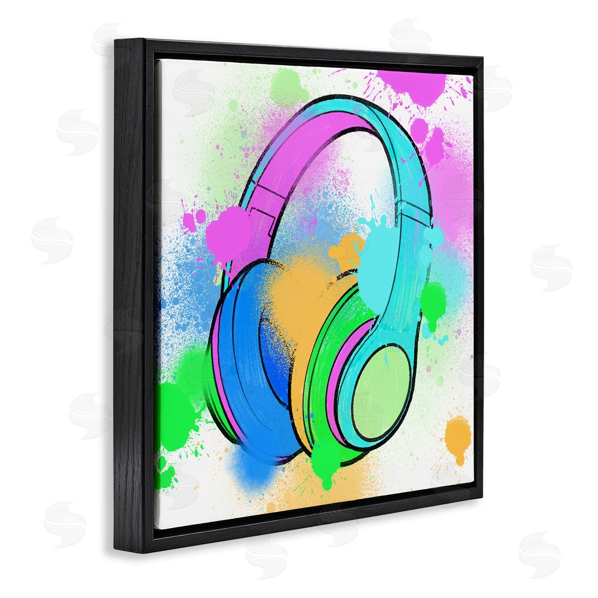 Marcus Prime Splattered Music Headphones Black Floating Frame Canvas Wall Art Print