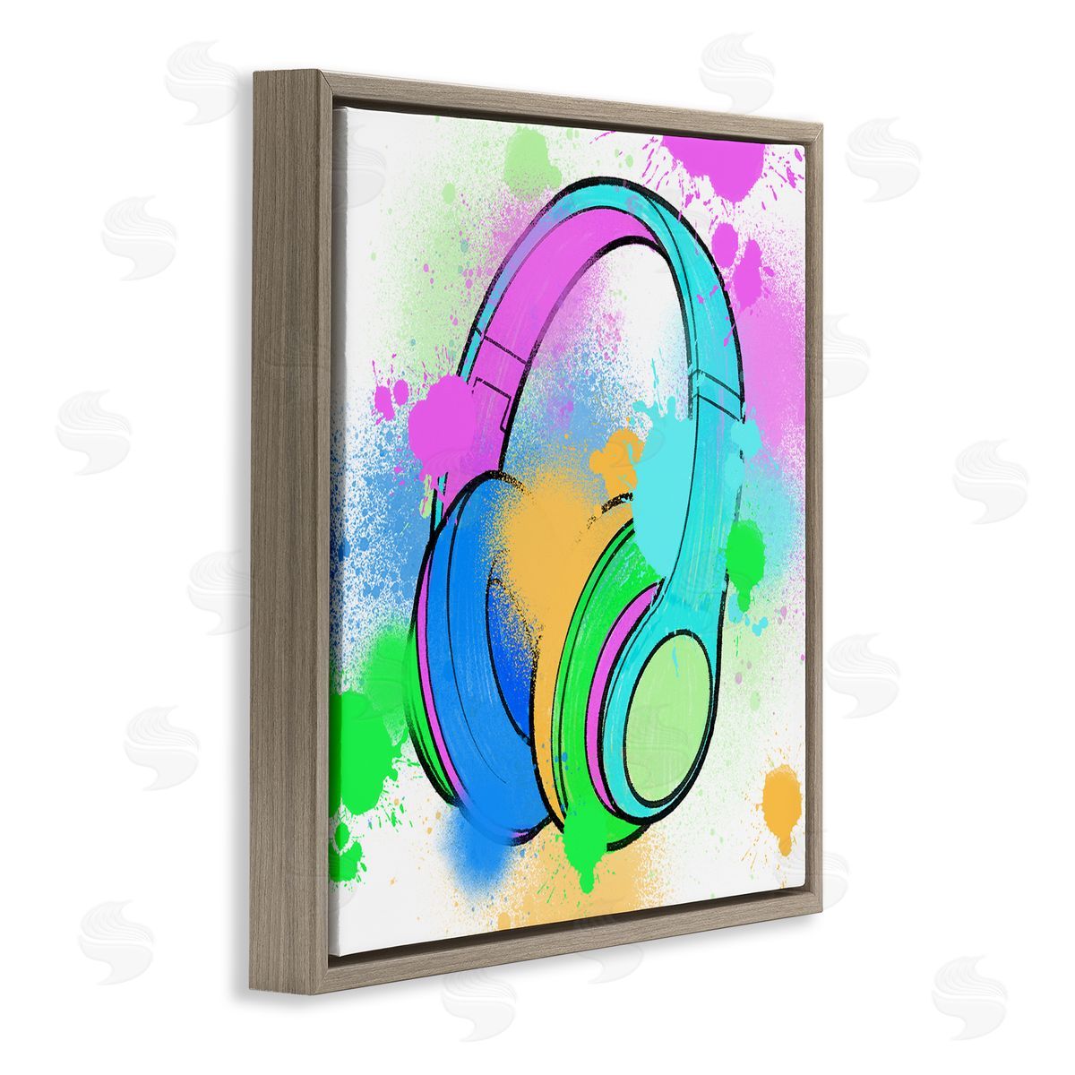 Marcus Prime Splattered Music Headphones Brown Floating Frame Canvas Wall Art Print