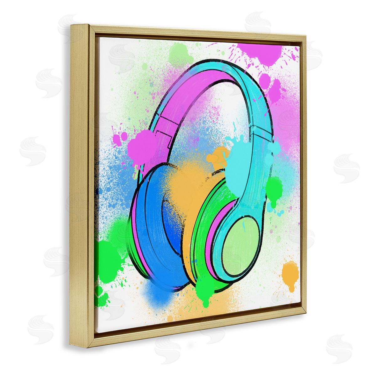 Marcus Prime Splattered Music Headphones Gold Floating Frame Canvas Wall Art Print