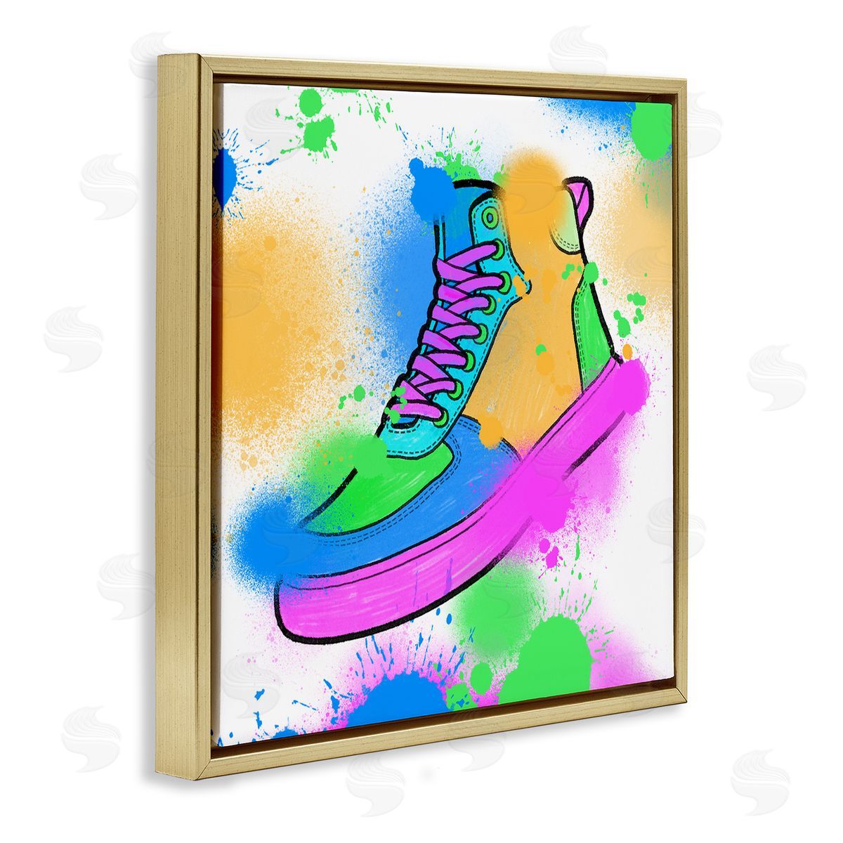 Marcus Prime Splattered Cool Sneakers Gold Floating Frame Canvas Wall Art Print