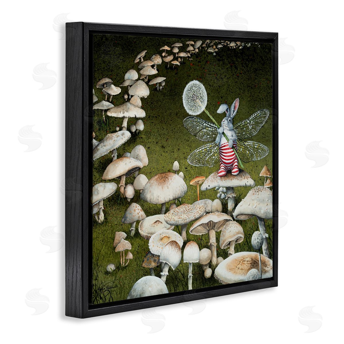 Fairy Bunny on Mushroom Black Floating Frame Canvas Wall Art, Home Decor by Maggie Vandewalle