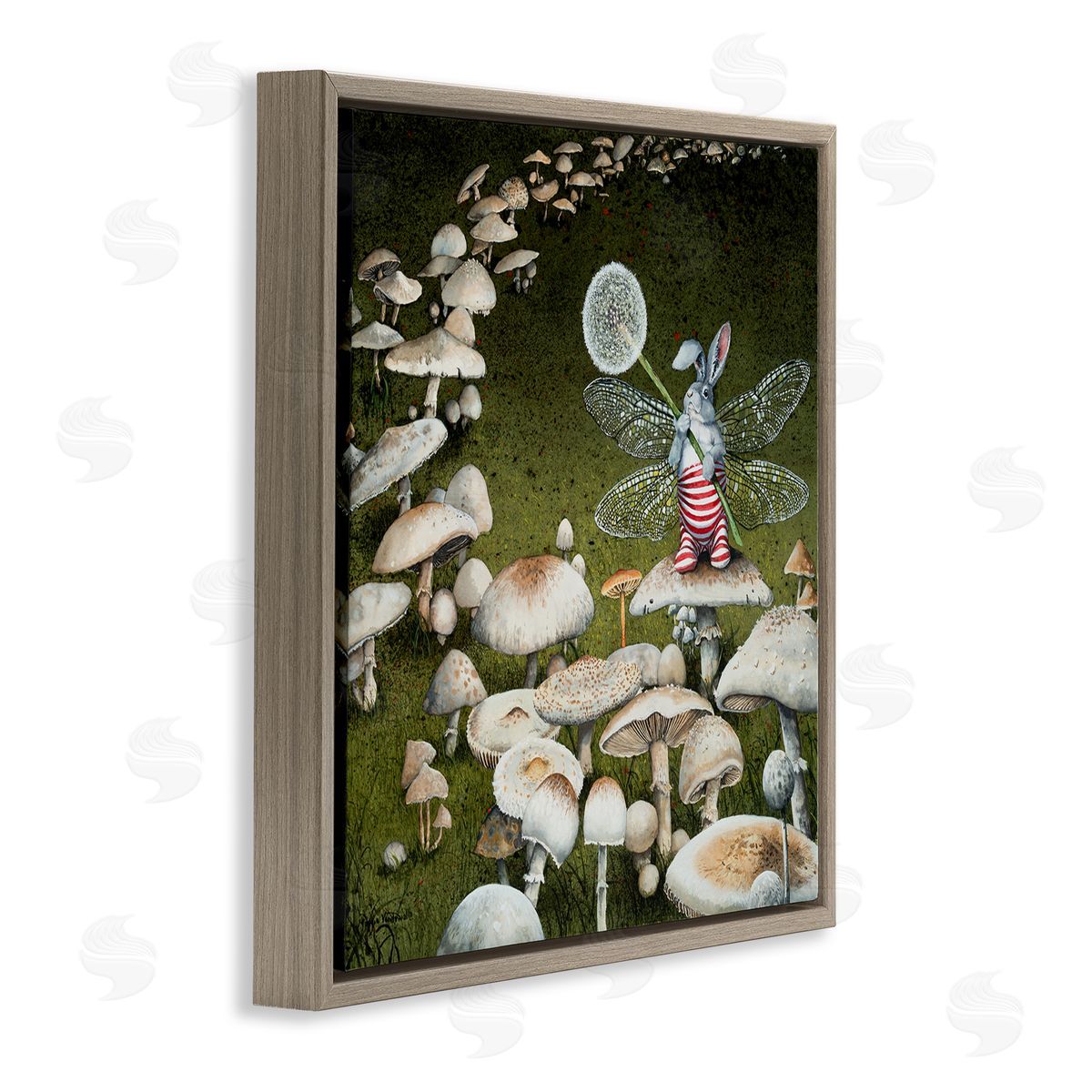Fairy Bunny on Mushroom Brown Floating Frame Canvas Wall Art, Home Decor by Maggie Vandewalle