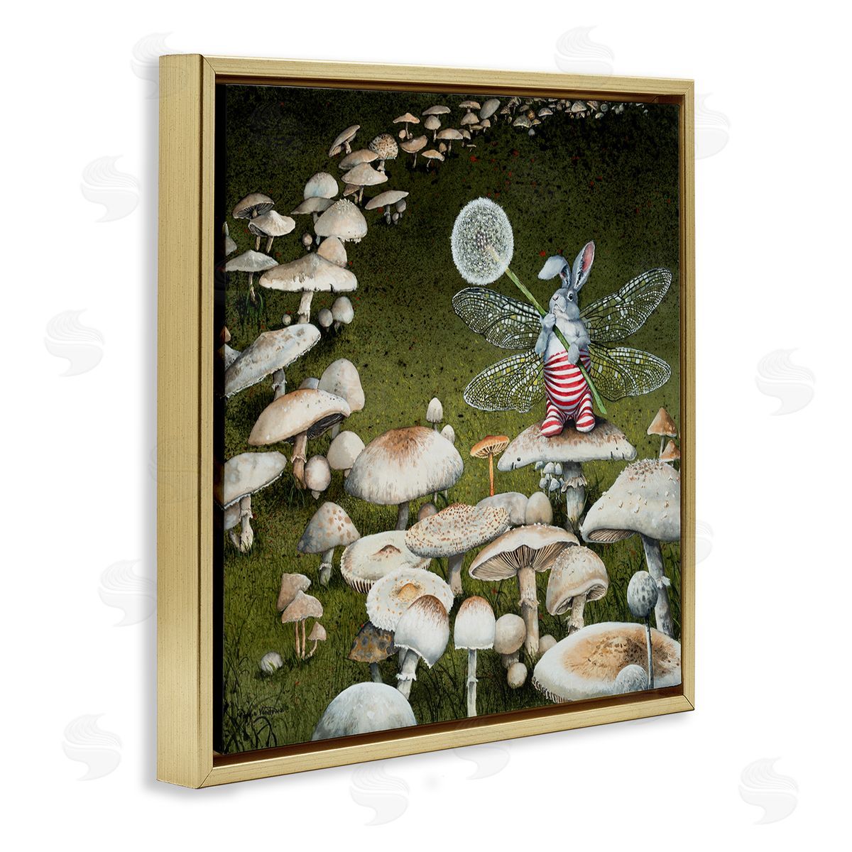 Fairy Bunny on Mushroom Gold Floating Frame Canvas Wall Art, Home Decor by Maggie Vandewalle
