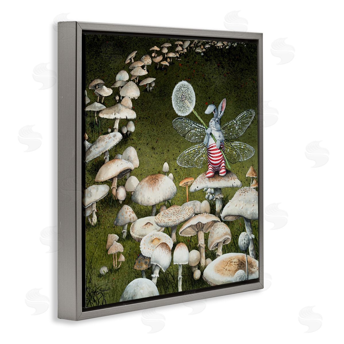 Fairy Bunny on Mushroom Grey Floating Frame Canvas Wall Art, Home Decor by Maggie Vandewalle