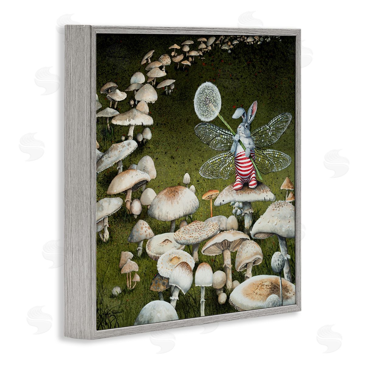 Fairy Bunny on Mushroom Grey Frame Print Wall Art, Home Decor by Maggie Vandewalle