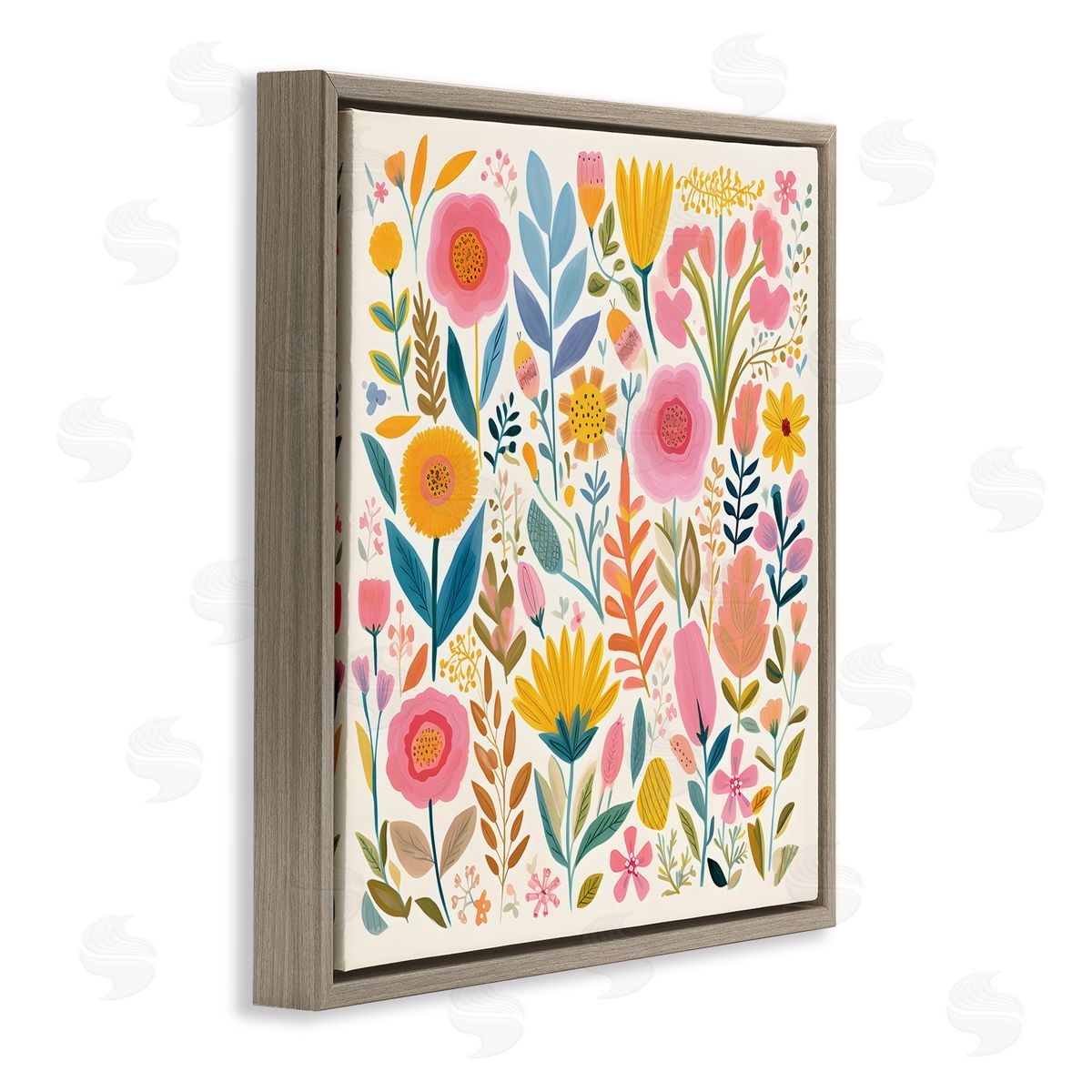 Petal Prints Design Cottage Florals Pattern Brown Floating Frame Canvas Wall Art Print