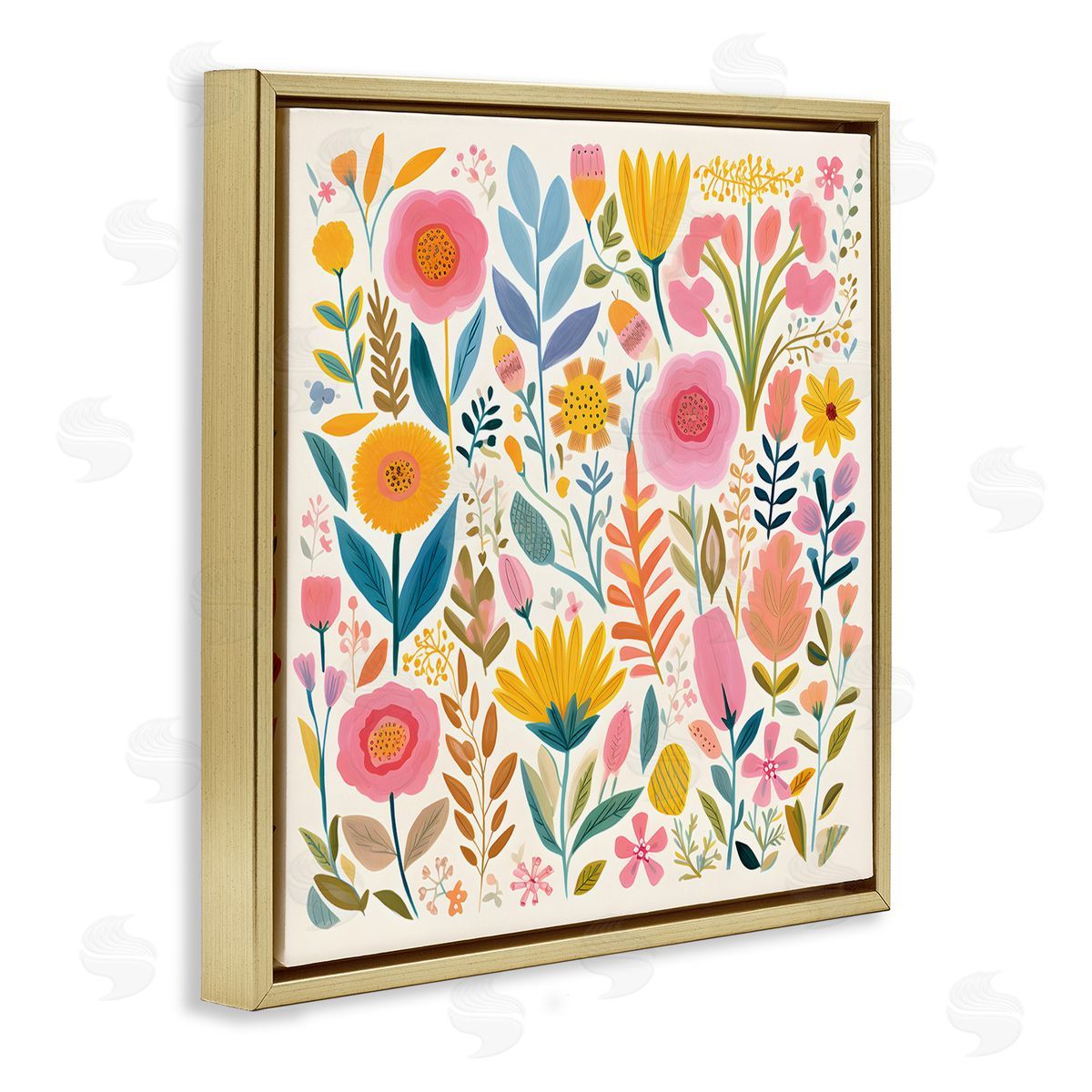 Petal Prints Design Cottage Florals Pattern Gold Floating Frame Canvas Wall Art Print
