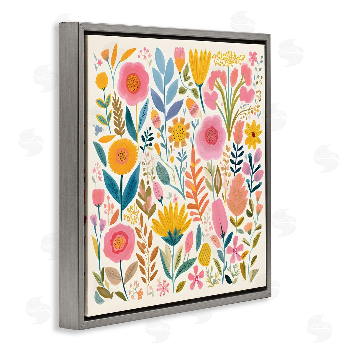 Petal Prints Design Cottage Florals Pattern Gray Floating Frame Canvas Wall Art Print