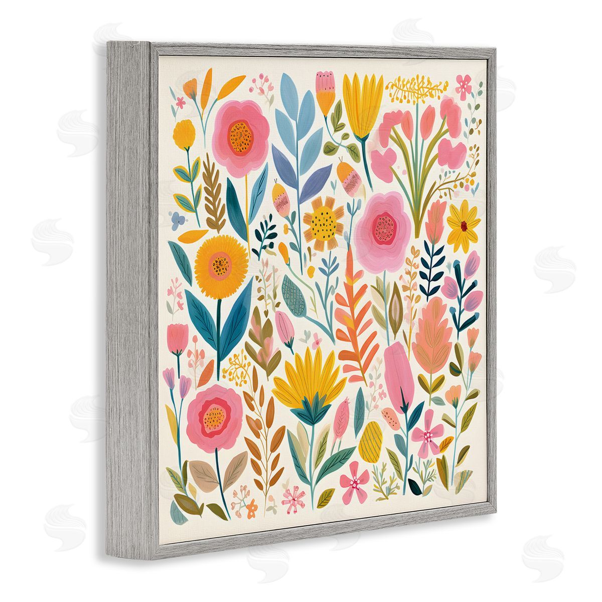 Petal Prints Design Cottage Florals Pattern Gray Framed Giclee Wall Art Print