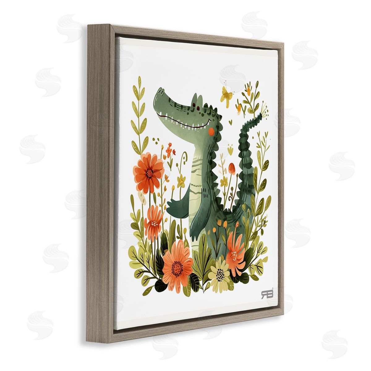 RB Floral Happy Alligator Brown Floating Frame Canvas Wall Art Print