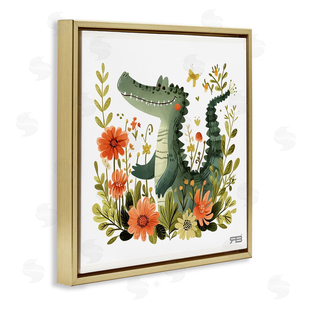 RB Floral Happy Alligator Gold Floating Frame Canvas Wall Art Print
