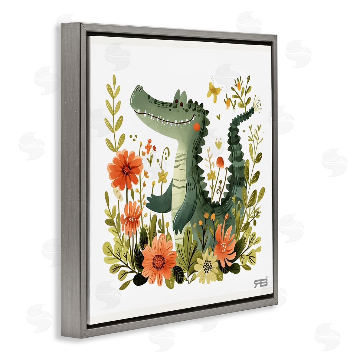 RB Floral Happy Alligator Gray Floating Frame Canvas Wall Art Print