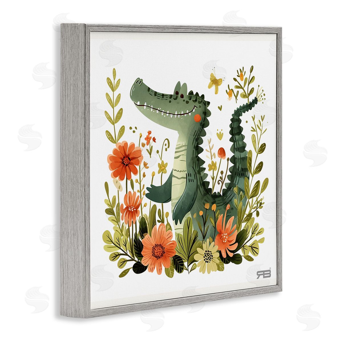 RB Floral Happy Alligator Gray Framed Giclee Wall Art Print