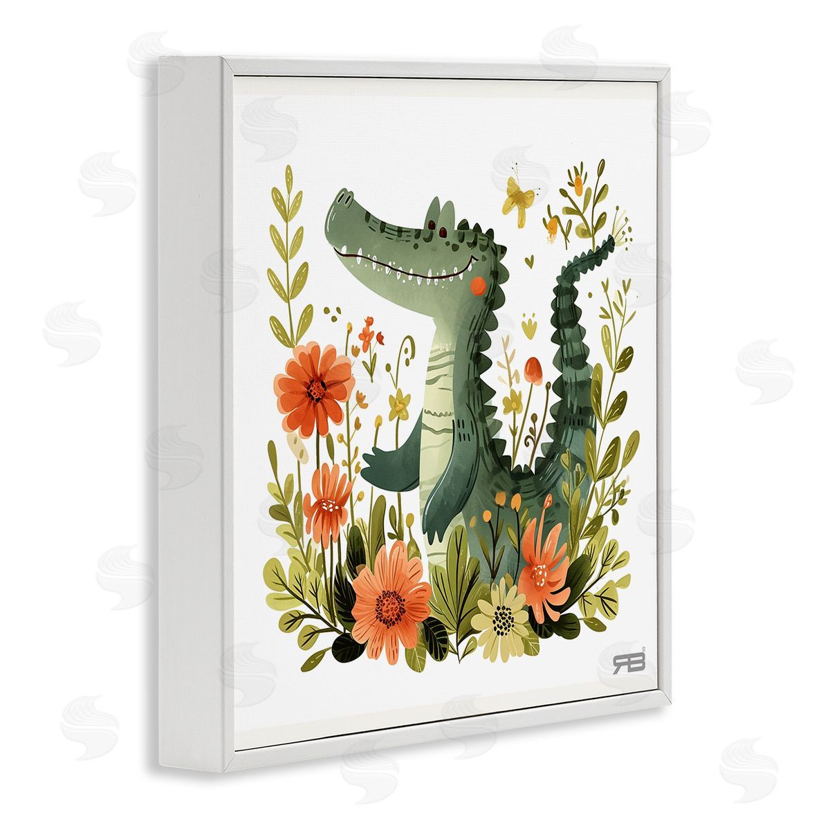 RB Floral Happy Alligator White Framed Giclee Wall Art Print