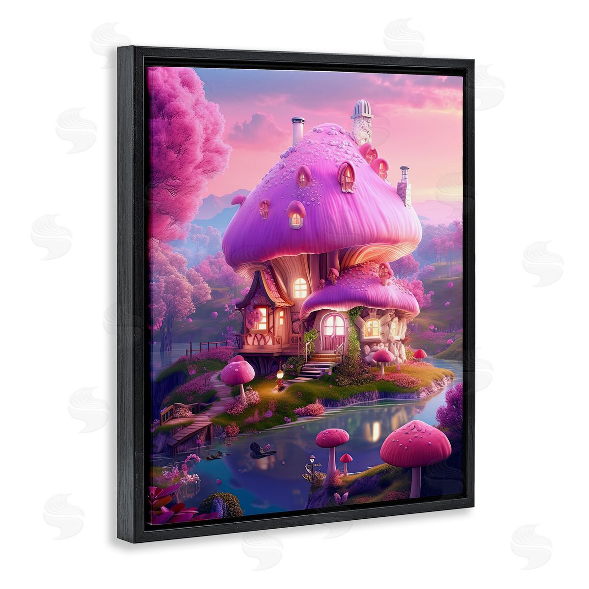 Forest Mushroom Cottage Black Floating Frame Canvas Wall Art, Home Decor by Sasha