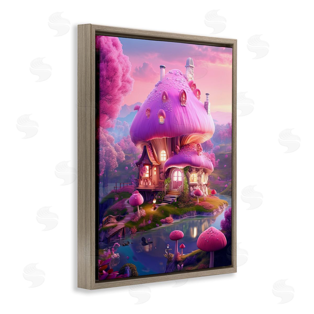 Forest Mushroom Cottage Brown Floating Frame Canvas Wall Art, Home Decor by Sasha