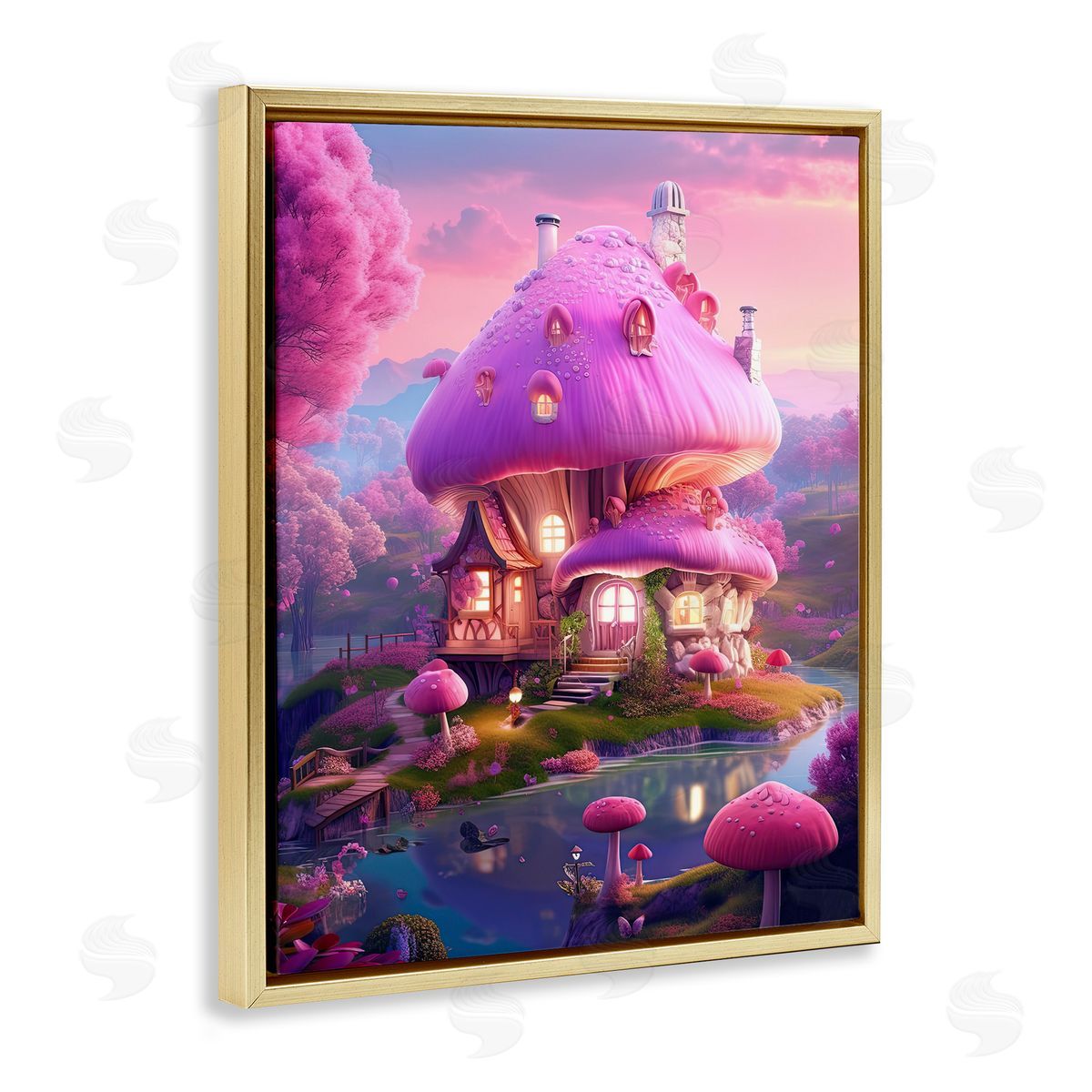 Forest Mushroom Cottage Gold Floating Frame Canvas Wall Art, Home Decor by Sasha