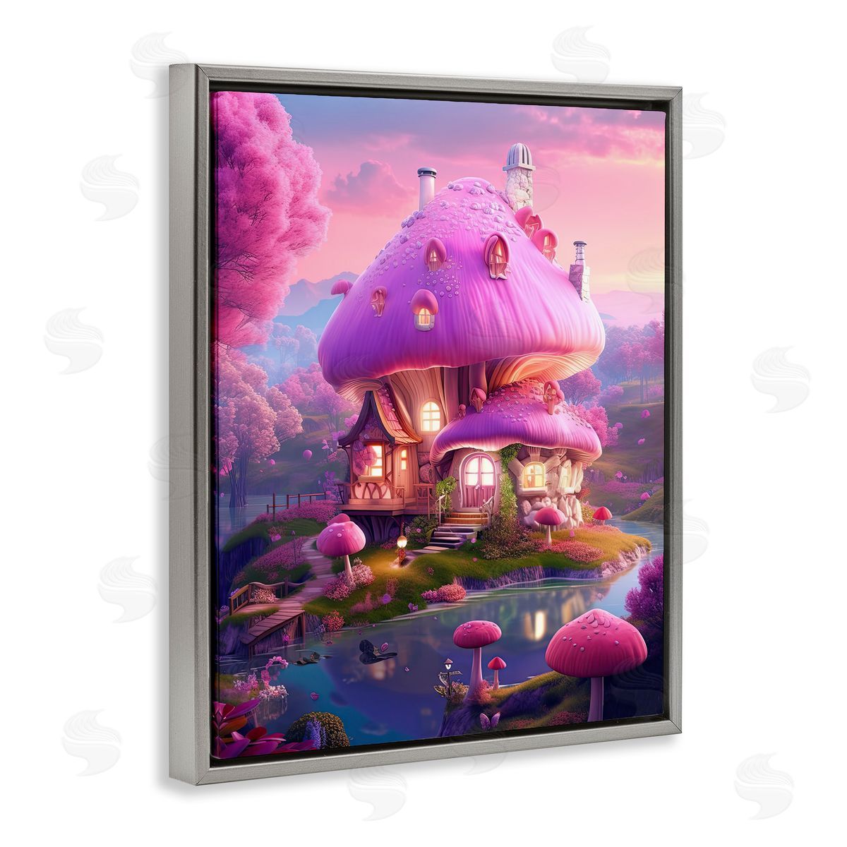 Forest Mushroom Cottage Grey Floating Frame Canvas Wall Art, Home Decor by Sasha