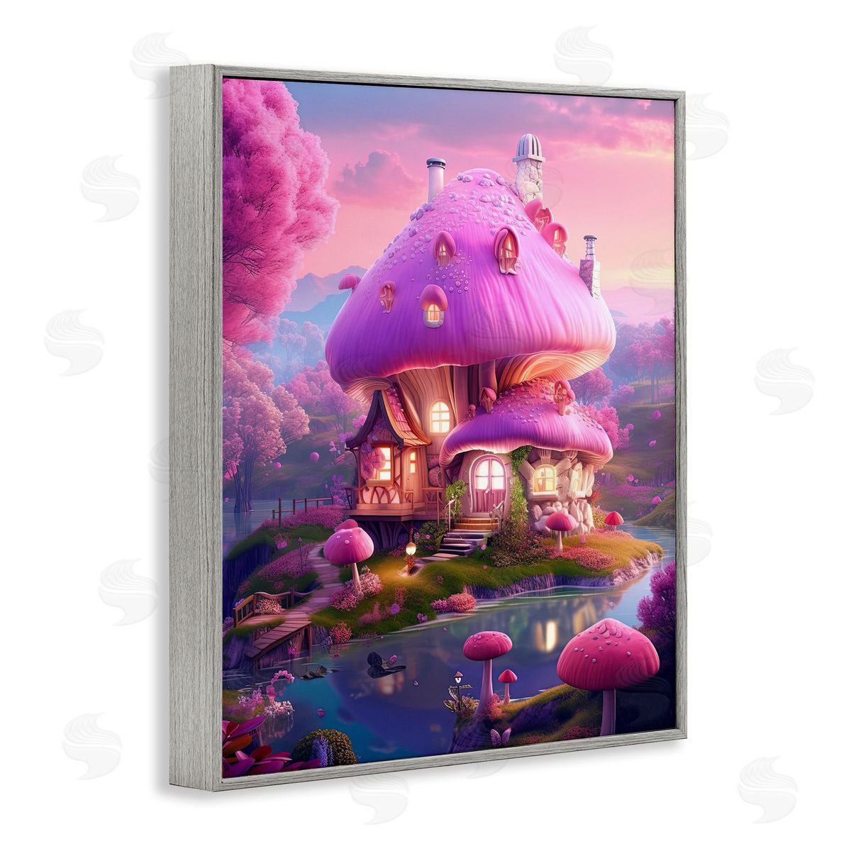 Forest Mushroom Cottage Grey Frame Print Wall Art, Home Decor by Sasha