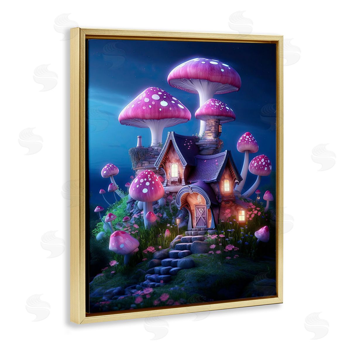 Mystical Forest Cottage Gold Floating Frame Canvas Wall Art, Home Decor by Sasha