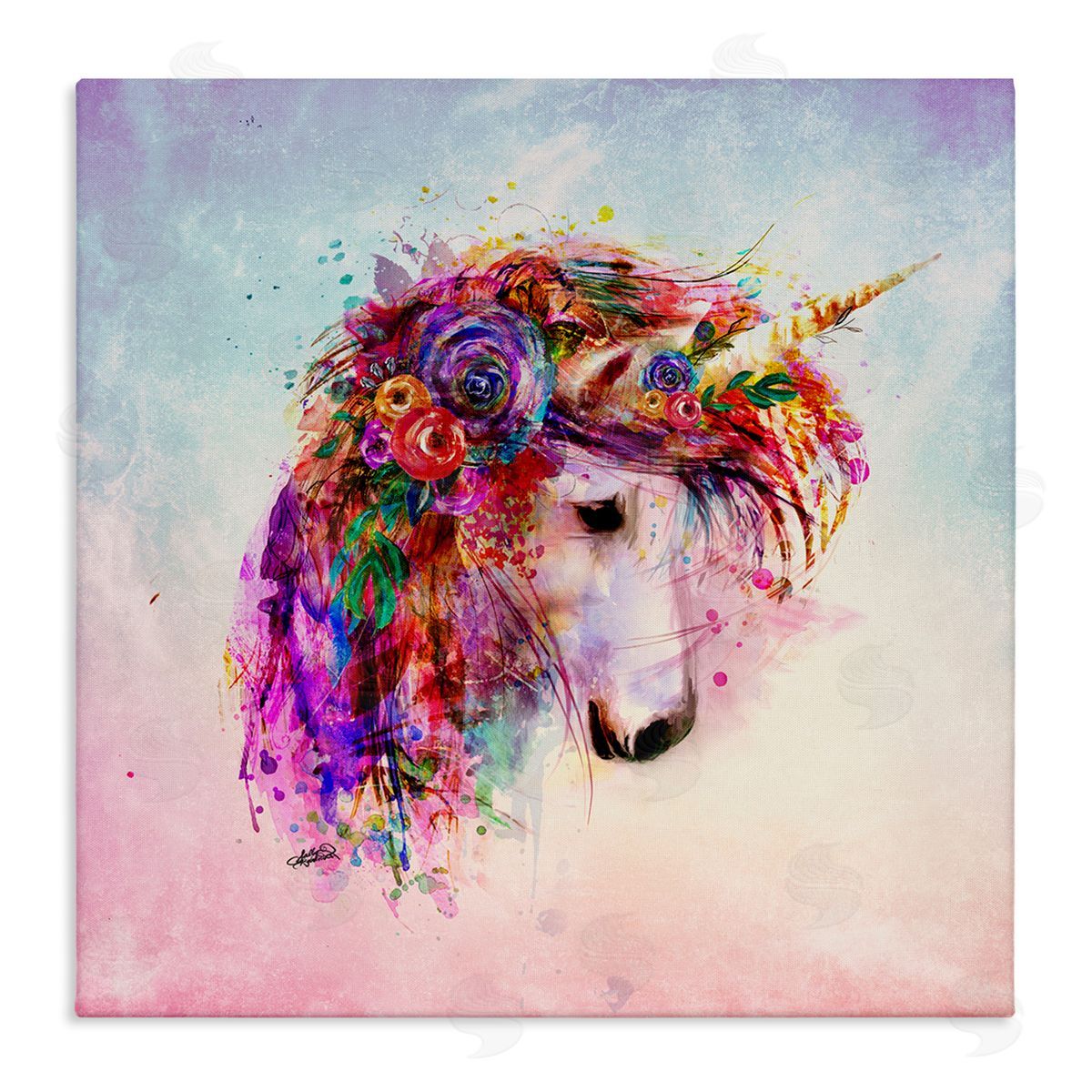Sally Kaye Barlow/Makaio Design Abstract Unicorn with Florals Canvas Wall Art Print