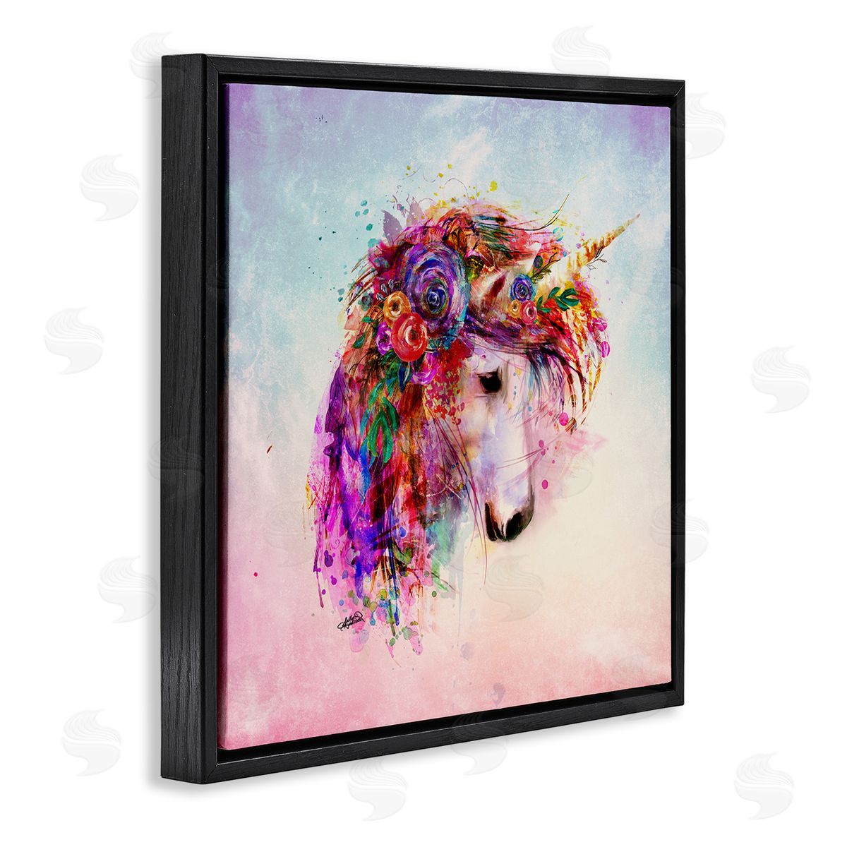 Sally Kaye Barlow/Makaio Design Abstract Unicorn with Florals Black Floating Frame Canvas Wall Art Print