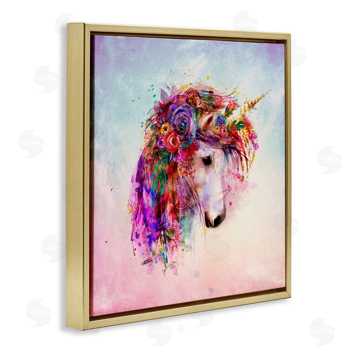 Sally Kaye Barlow/Makaio Design Abstract Unicorn with Florals Gold Floating Frame Canvas Wall Art Print