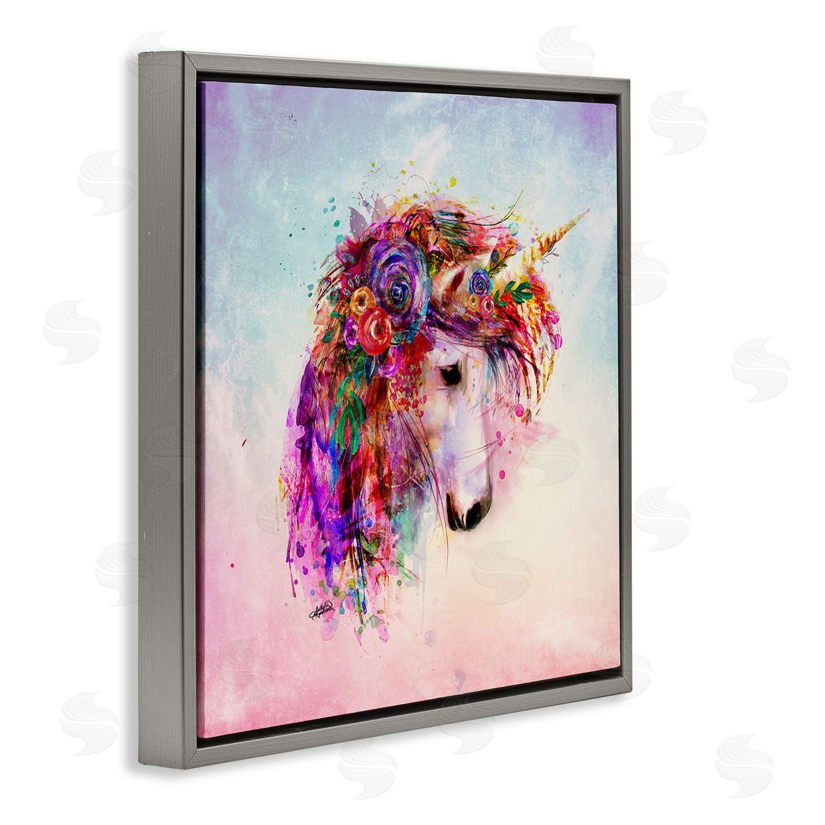 Sally Kaye Barlow/Makaio Design Abstract Unicorn with Florals Gray Floating Frame Canvas Wall Art Print