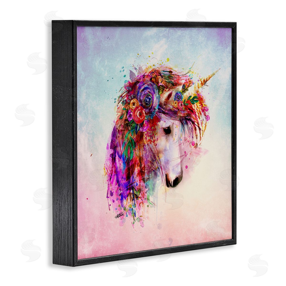 Sally Kaye Barlow/Makaio Design Abstract Unicorn with Florals Black Framed Giclee Wall Art Print