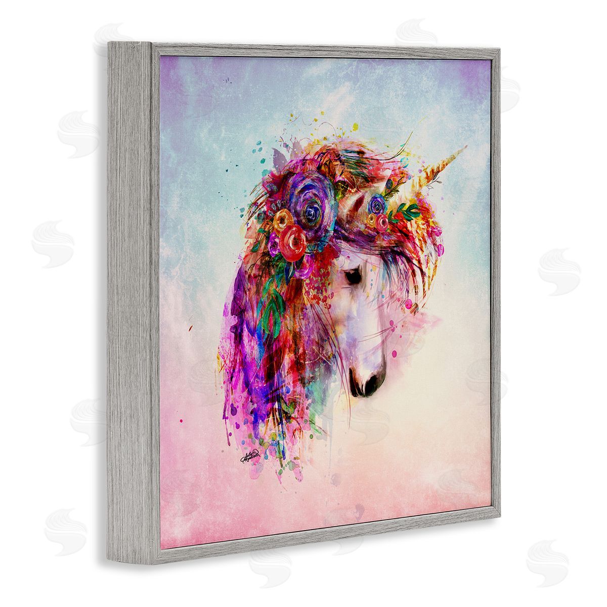 Sally Kaye Barlow/Makaio Design Abstract Unicorn with Florals Gray Framed Giclee Wall Art Print