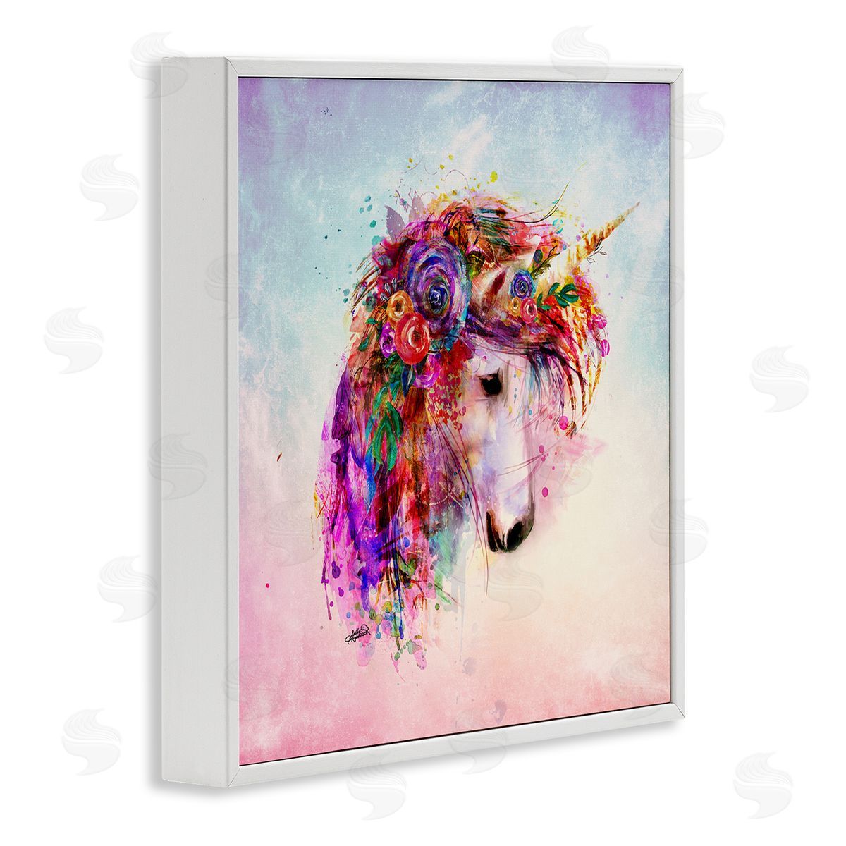 Sally Kaye Barlow/Makaio Design Abstract Unicorn with Florals White Framed Giclee Wall Art Print