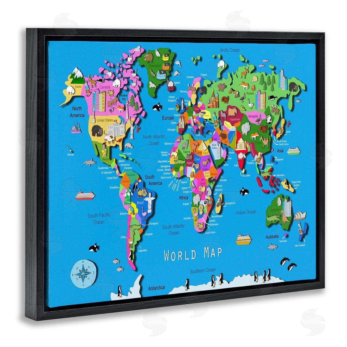 Educational World Map Black Floating Frame Canvas Wall Art, Home Decor by Carla Daly