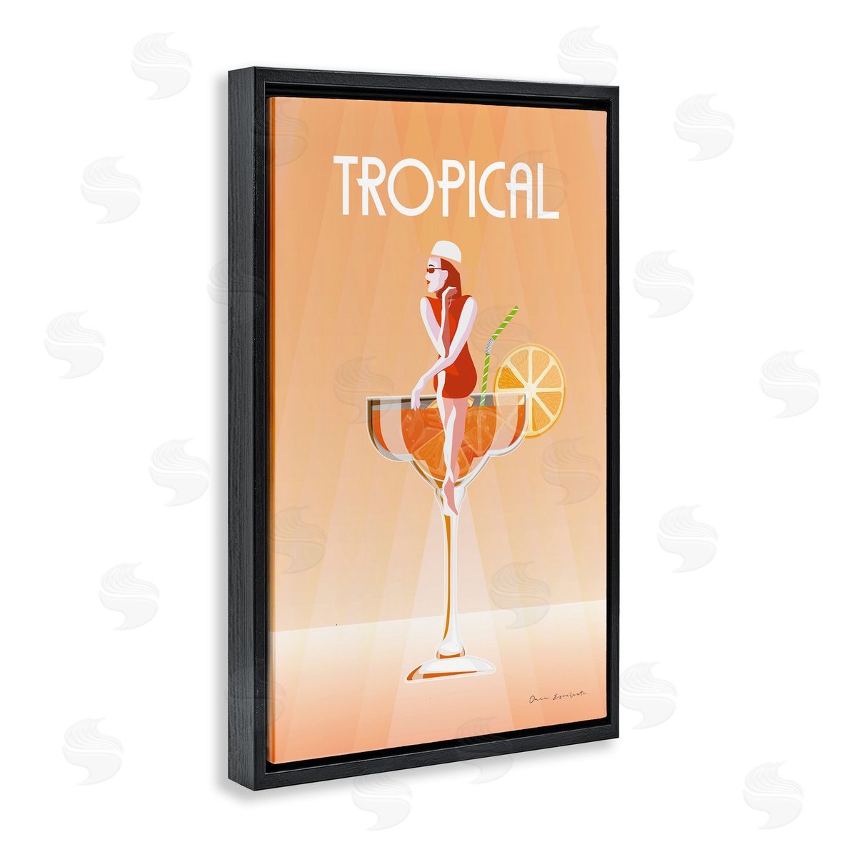 Tropical Drink Girl Black Floating Frame Canvas Wall Art, Home Decor by Omar Escalante