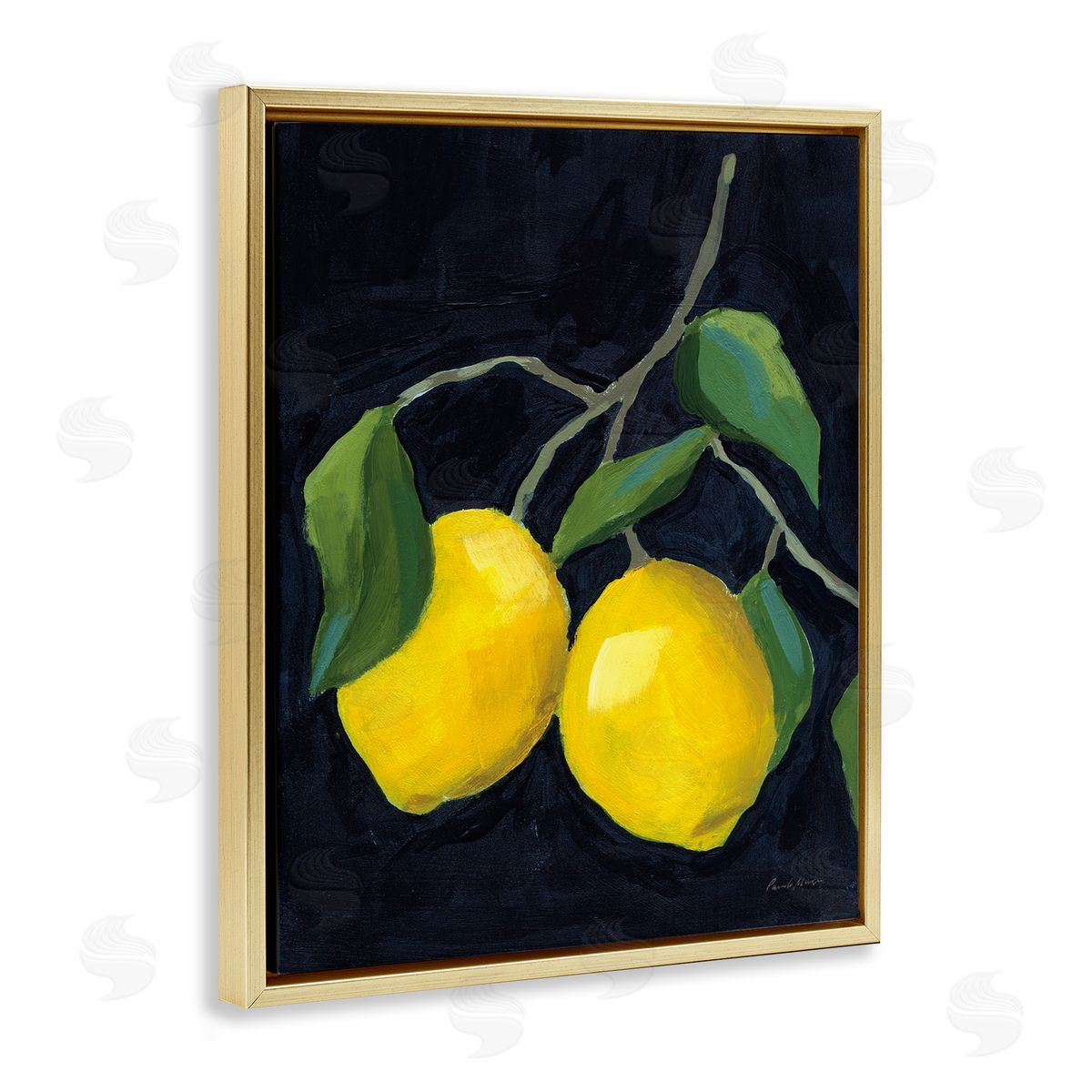 Two Lemons on Black Gold Floating Frame Canvas Wall Art, Home Decor by Pamela Munger