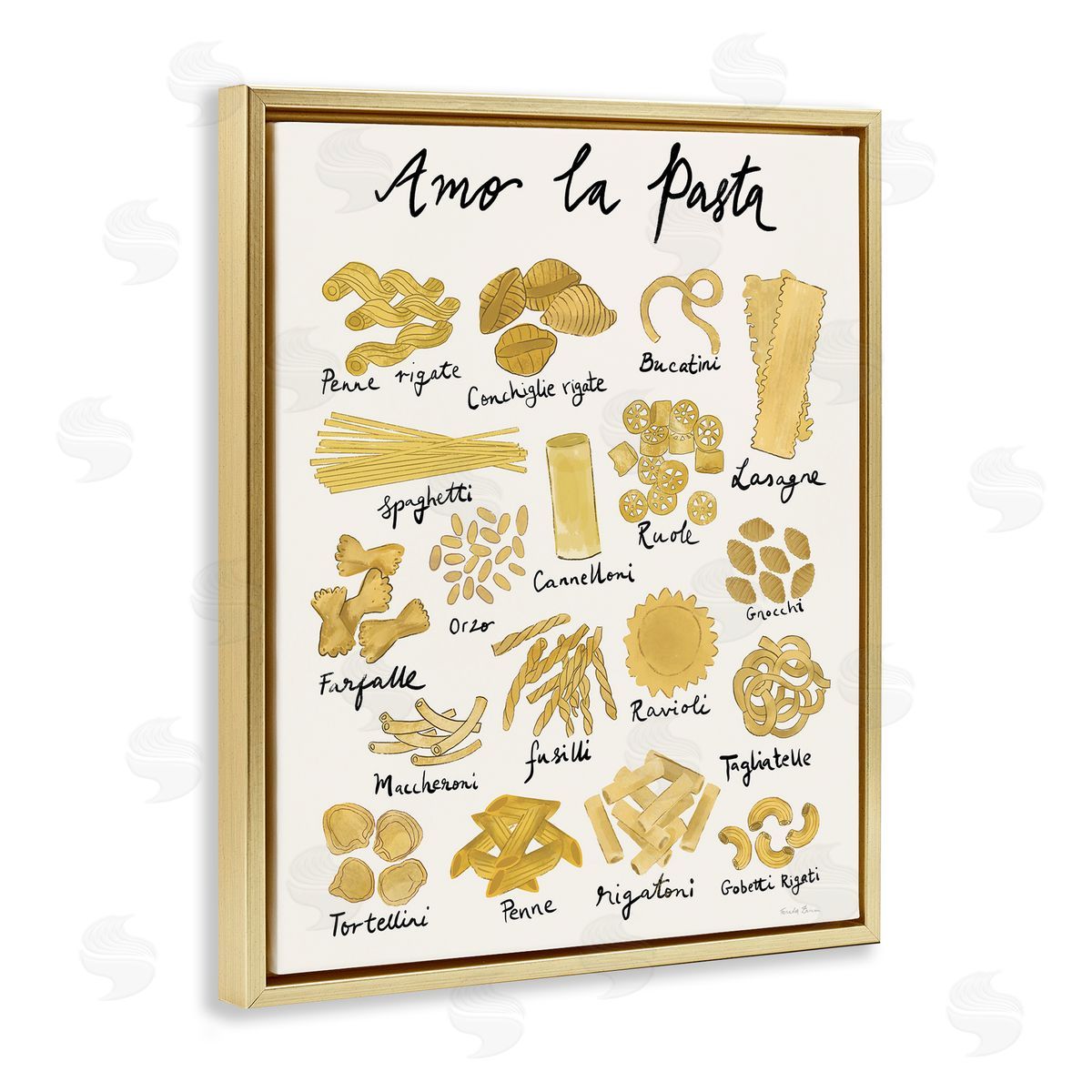 Amor La Pasta Chart Gold Floating Frame Canvas Wall Art, Home Decor by Farida Zaman