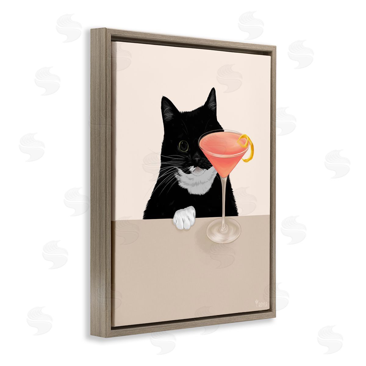 Cat and Pink Cocktail Brown Floating Frame Canvas Wall Art, Home Decor by Tara Royle