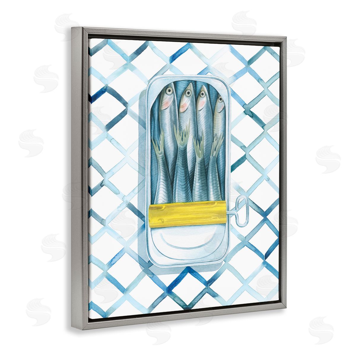 Sardine Can on Pattern Grey Floating Frame Canvas Wall Art, Home Decor by Grace Popp