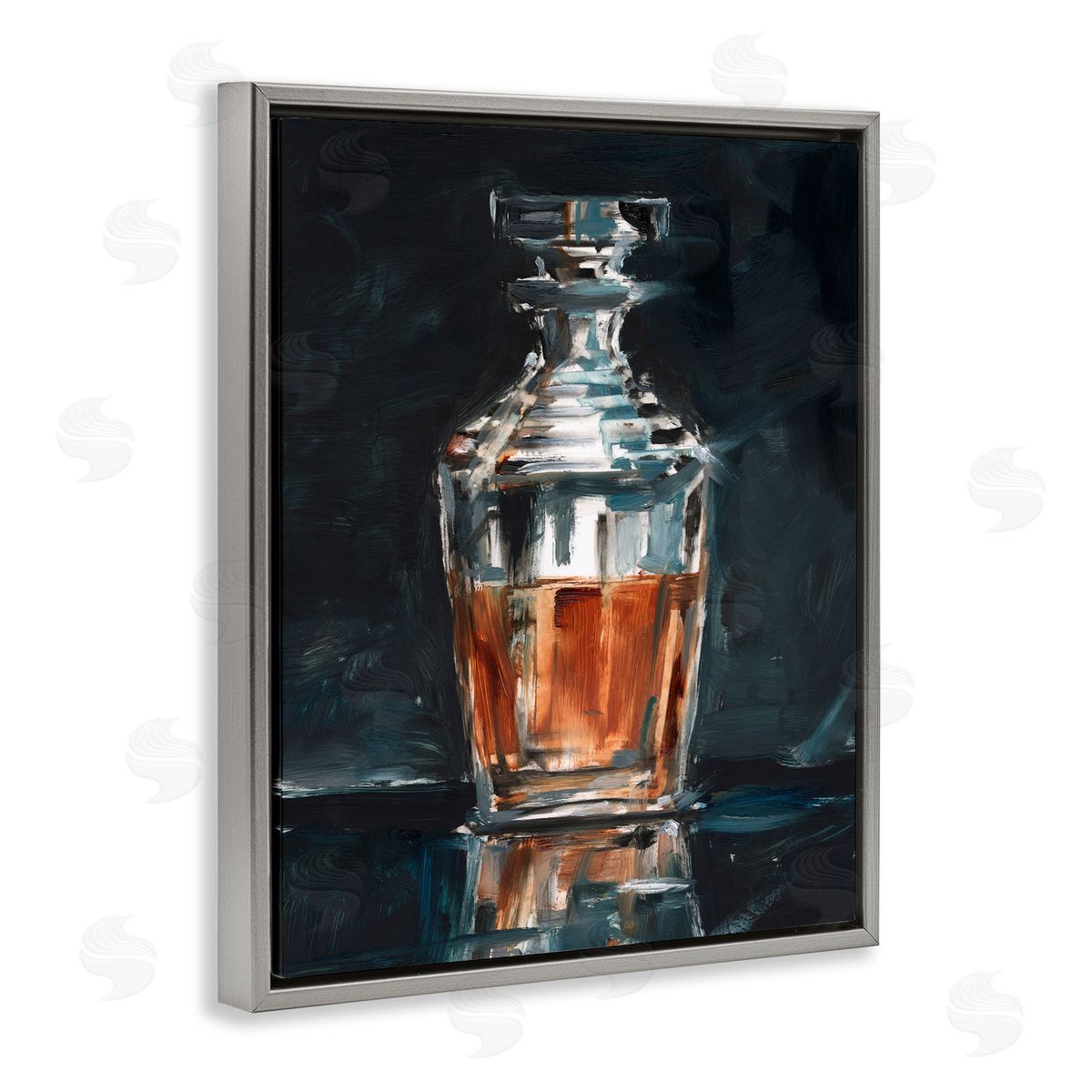 Whiskey Decanter Still Life Grey Floating Frame Canvas Wall Art, Home Decor by Ethan Harper