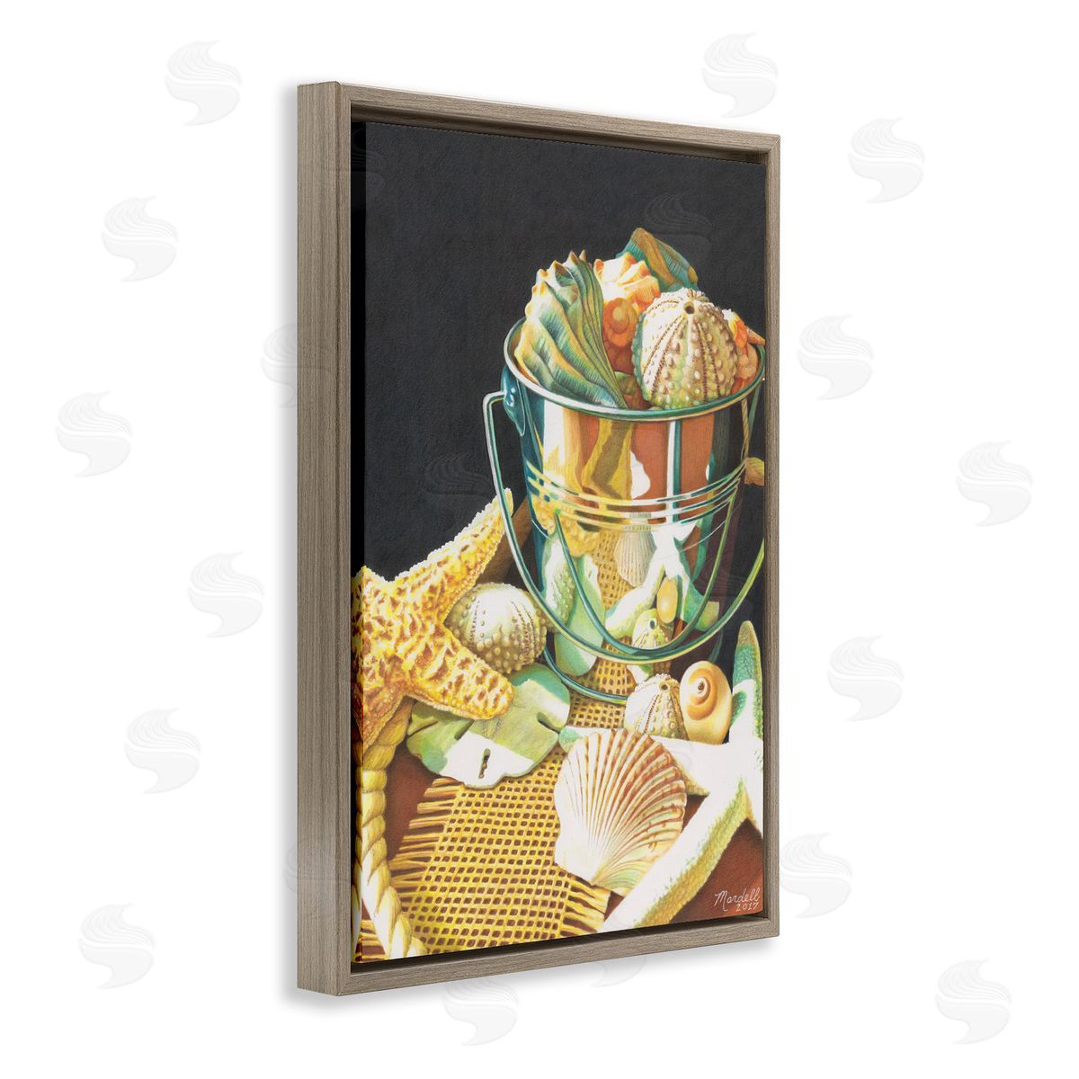 Bucket Of Seashells Brown Floating Frame Canvas Wall Art, Home Decor by Mardell Schuster